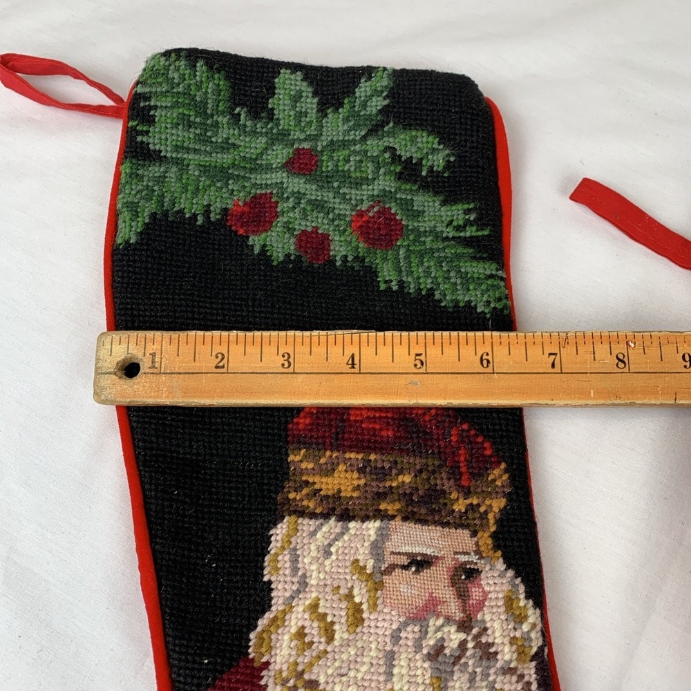 Vintage Needlepoint Christmas Stockings Set of 2 Santa Claus Holly Red Velvet - Picture 9 of 9